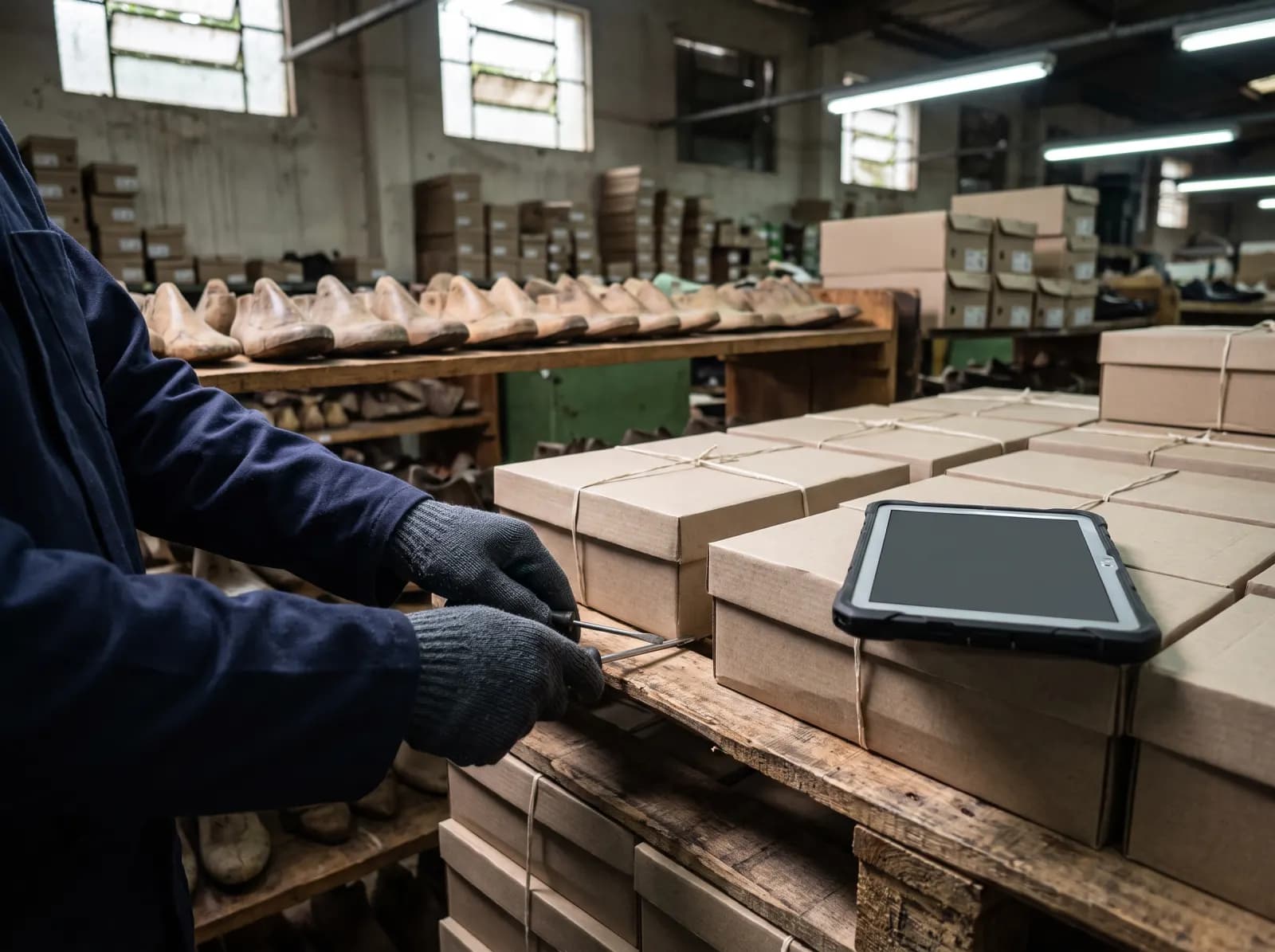 Mãos de luva de um técnico verificam a madeira de um pallet com caixas de calçados, diante de uma prateleira de formas de sapato, com um tablet apoiado nas caixas.
