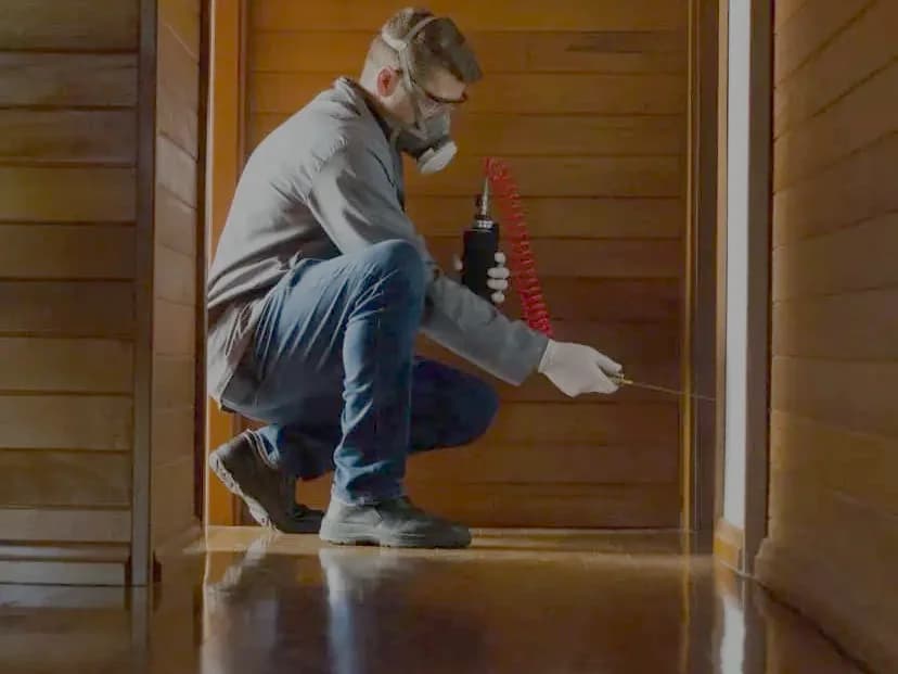 Técnico da Ecoinset, com máscara de proteção, aplica produto rente ao rodapé de uma porta.