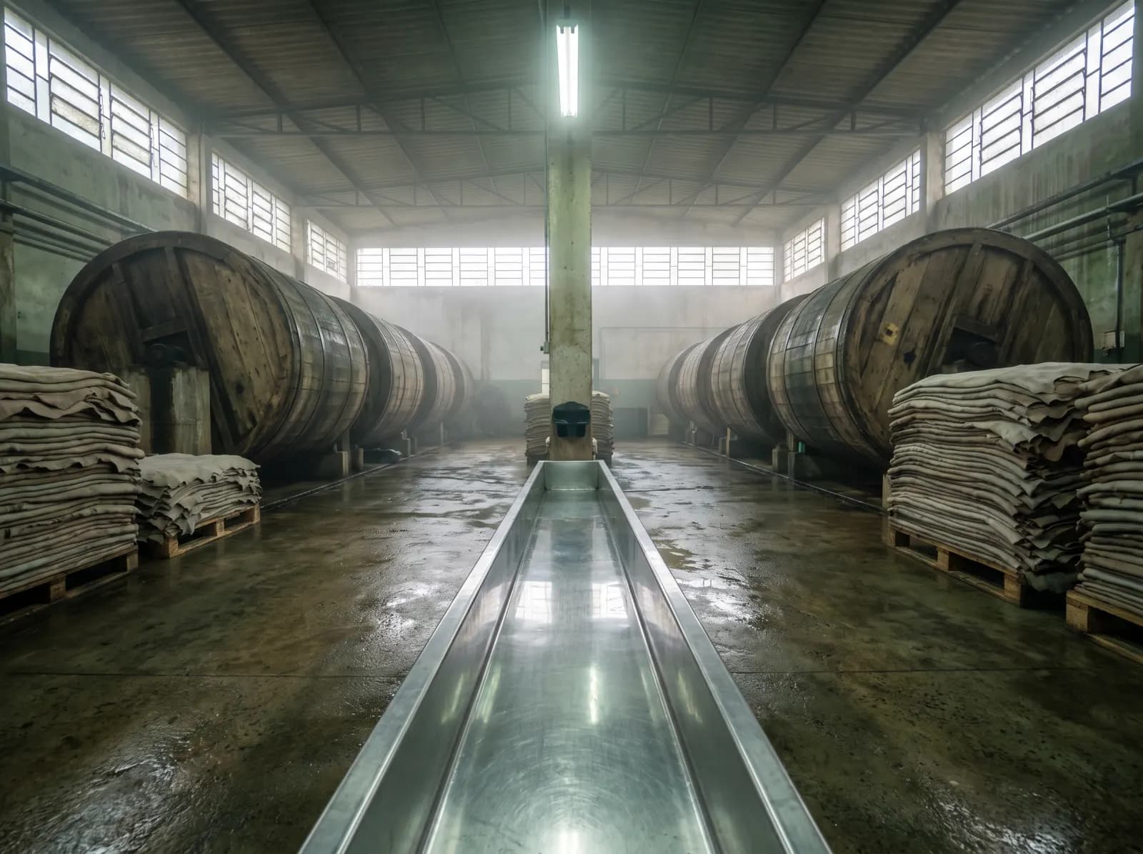 Interior de um curtume com fulões de madeira enfileirados, peles processadas sobre pallets, piso úmido e canaleta de drenagem, com uma estação de monitoramento junto à parede.