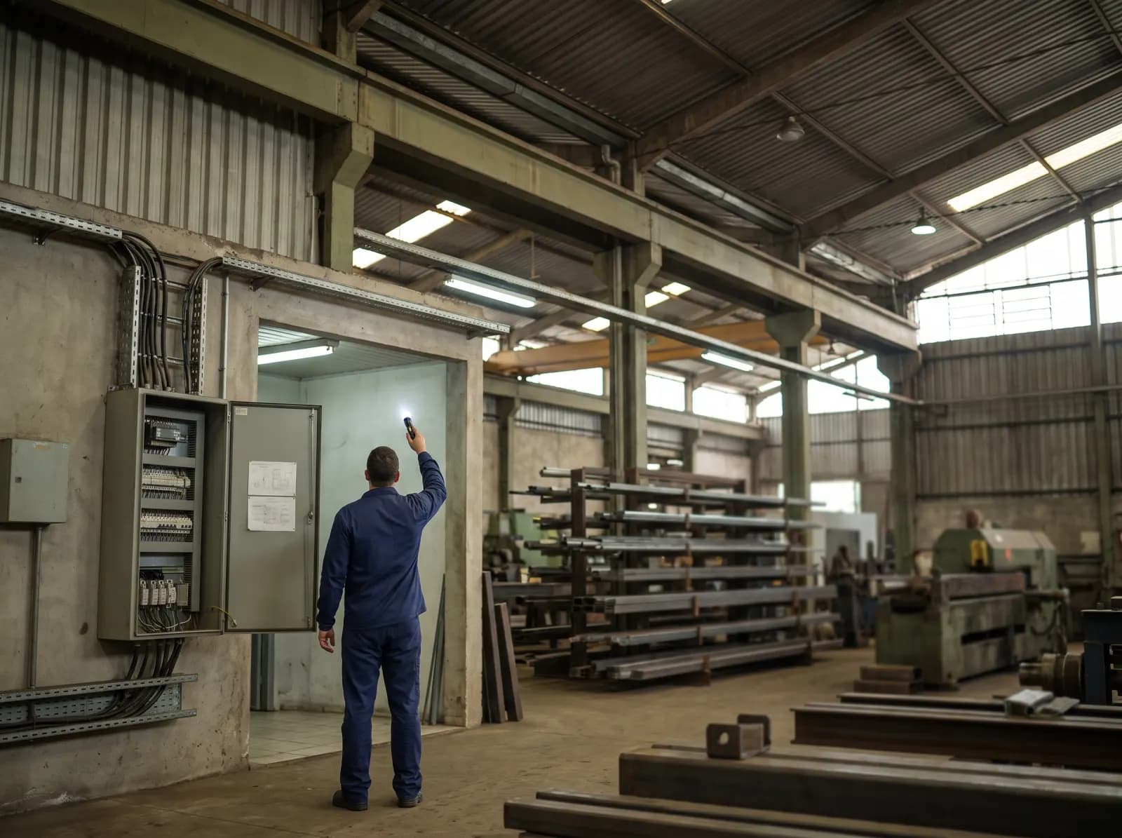 Técnico de uniforme azul-marinho, de pé, ilumina com uma lanterna a estrutura alta da cobertura de uma fábrica metalúrgica, ao lado de um painel elétrico aberto e de estantes de barras de aço.