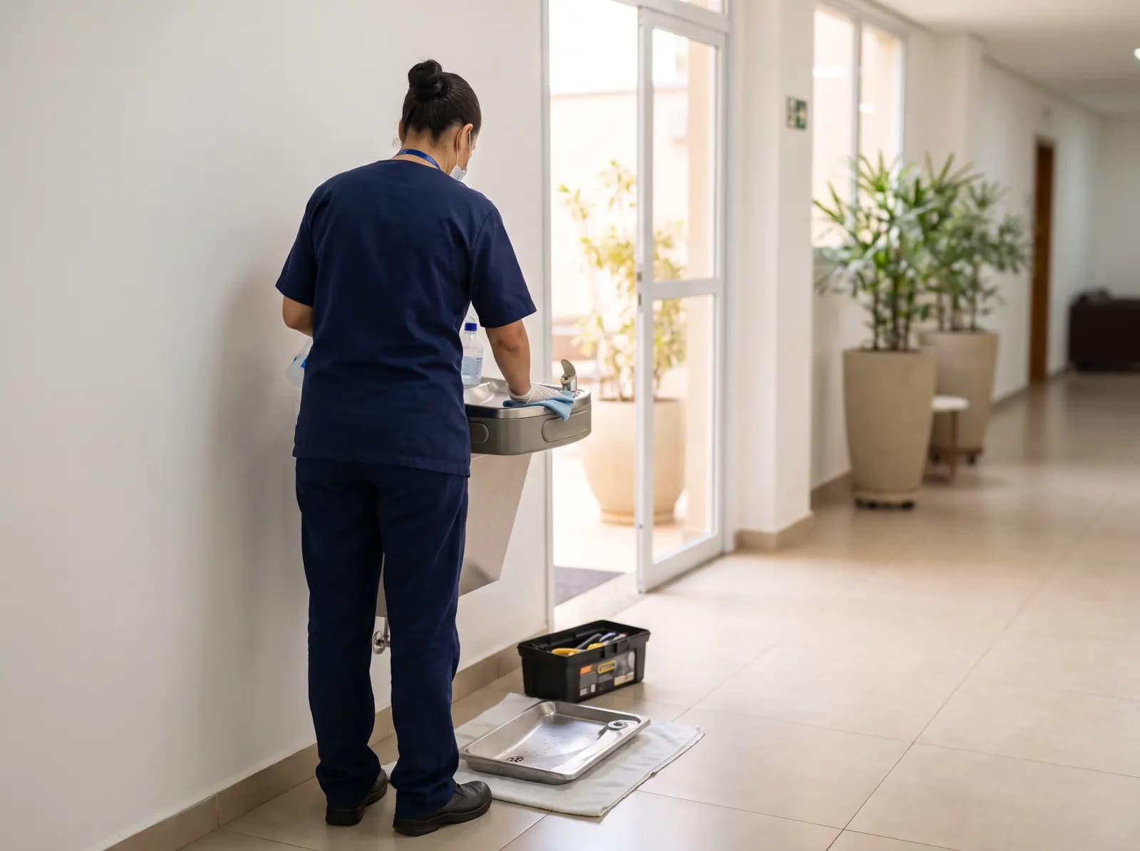 Técnica de uniforme azul-marinho higieniza um bebedouro de inox de uso coletivo no corredor de uma empresa.